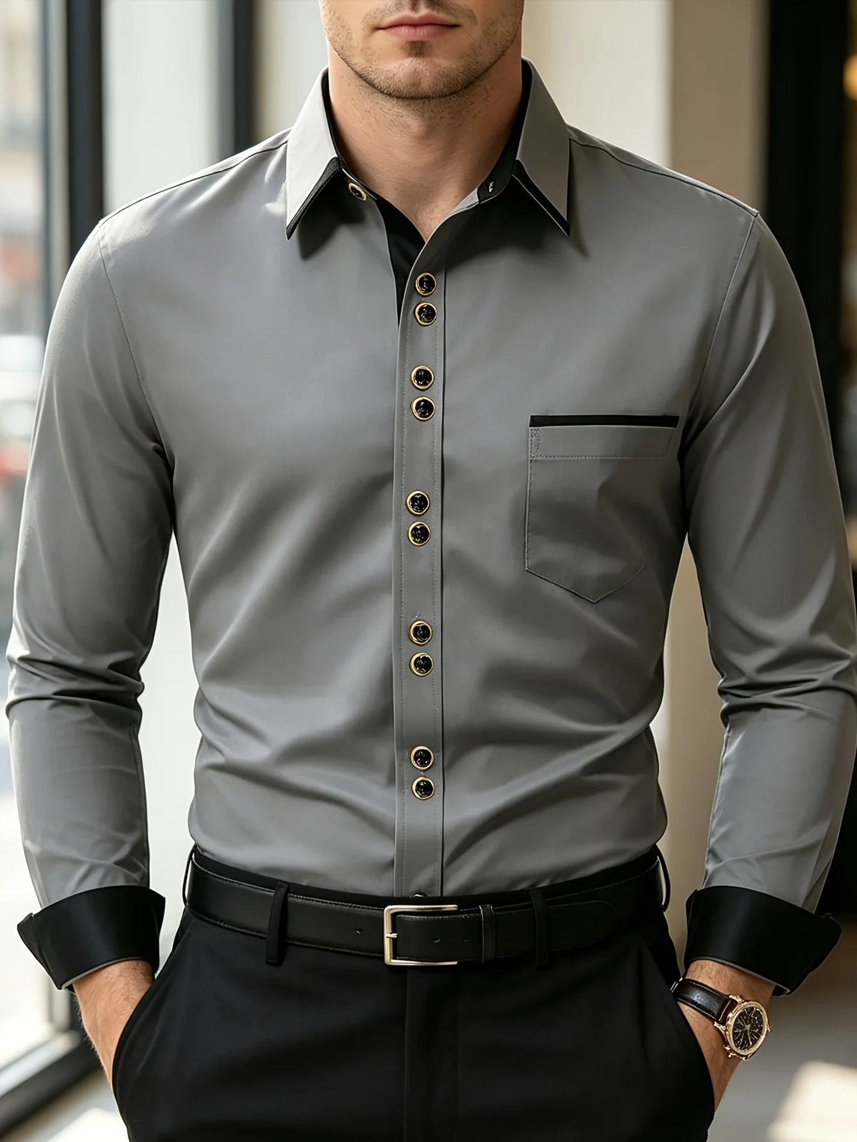 FGKKS Men Shirt Brand New Men's Fashion Multiple Color Patchwork Long Sleeve Elastic Shirt Smart Casual Male White Shirts