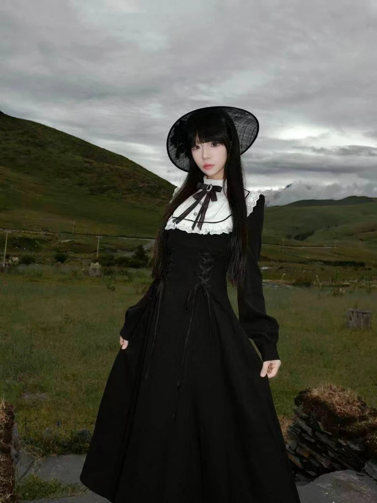 Gothic Vintage Midi Dress Women Party Kawaii Lolita Bow Dresses New Harajuku Lace Patchwork dress Vestidos