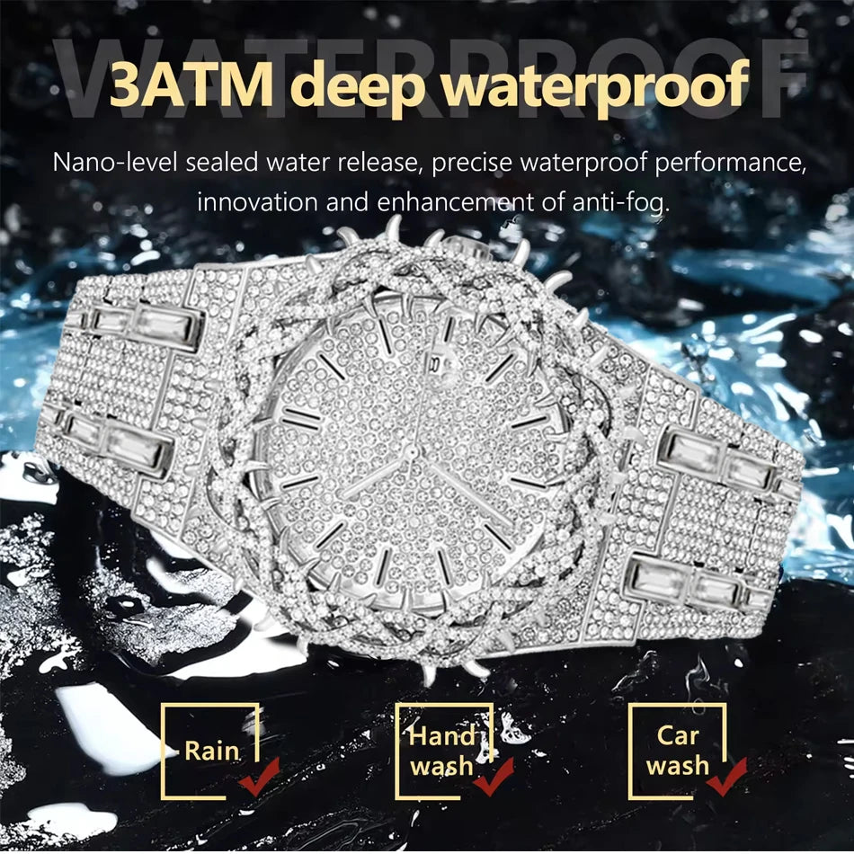 Luxury Full Diamond Men's Quartz Watch Thorn Bracelet Hip Hop Style Date Display with Luminous Function Men Business Wristwatch