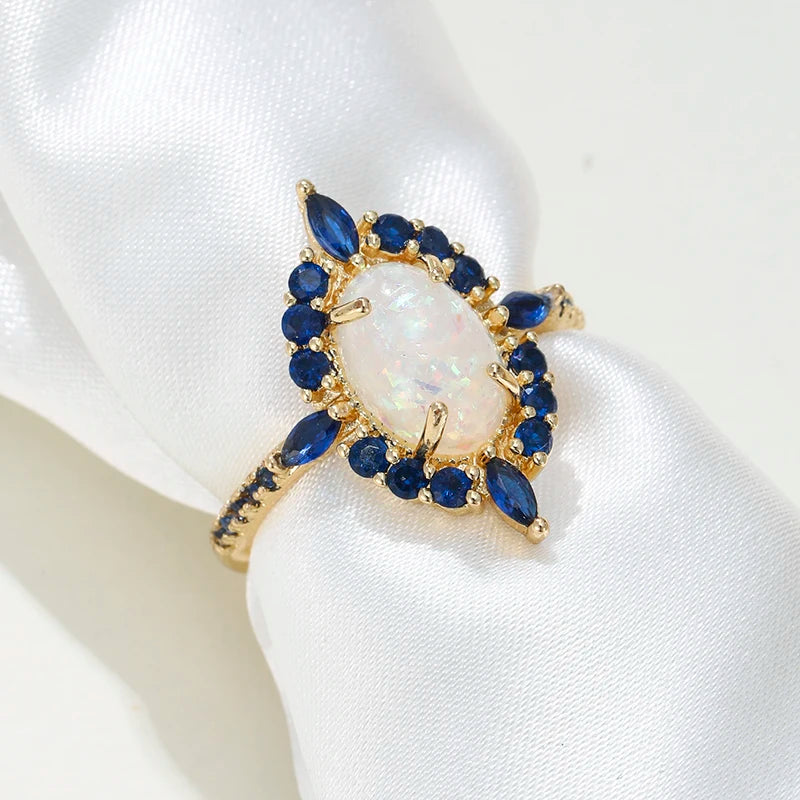 Luxury Oval Fire Opal Ring with Blue Zircon Silver Color Vintage Engagement Wedding Promise Ring for Women Fine Jewelry Gift