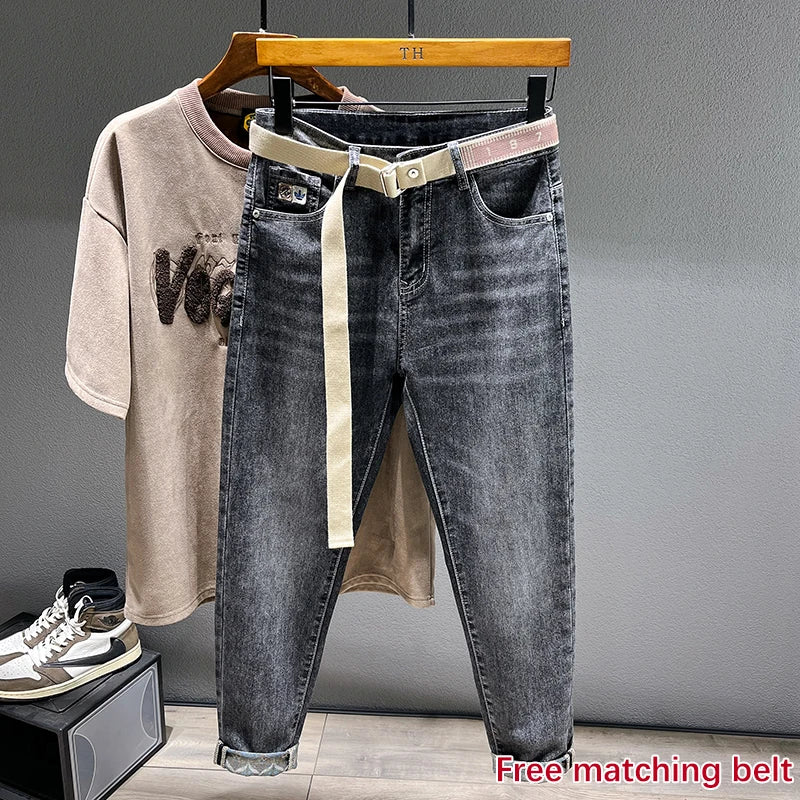2025 Autumn Men's Stretch Jeans Fashion Tapered Slim Small Feet Ankle Harem Pants Casual Denim Trousers Streetwear Free Belt