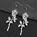 Gothic Rose Flower Long Hoop Earrings For Women Men Stainless Steel Black Silver Color Plant Earring Couple Jewelry Gift