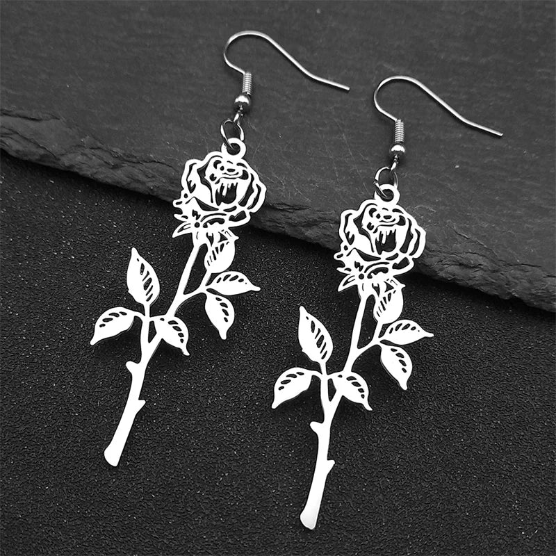 Gothic Rose Flower Long Hoop Earrings For Women Men Stainless Steel Black Silver Color Plant Earring Couple Jewelry Gift