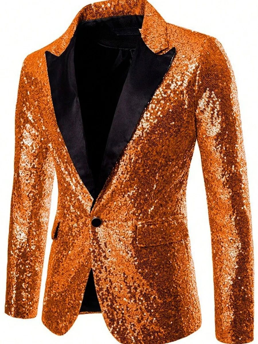 Blazer Long Sleeve Suits Men Two Pieces Sequins Blazers Single Button Business Jackets Straight Pants Ankle Length Pockets Party