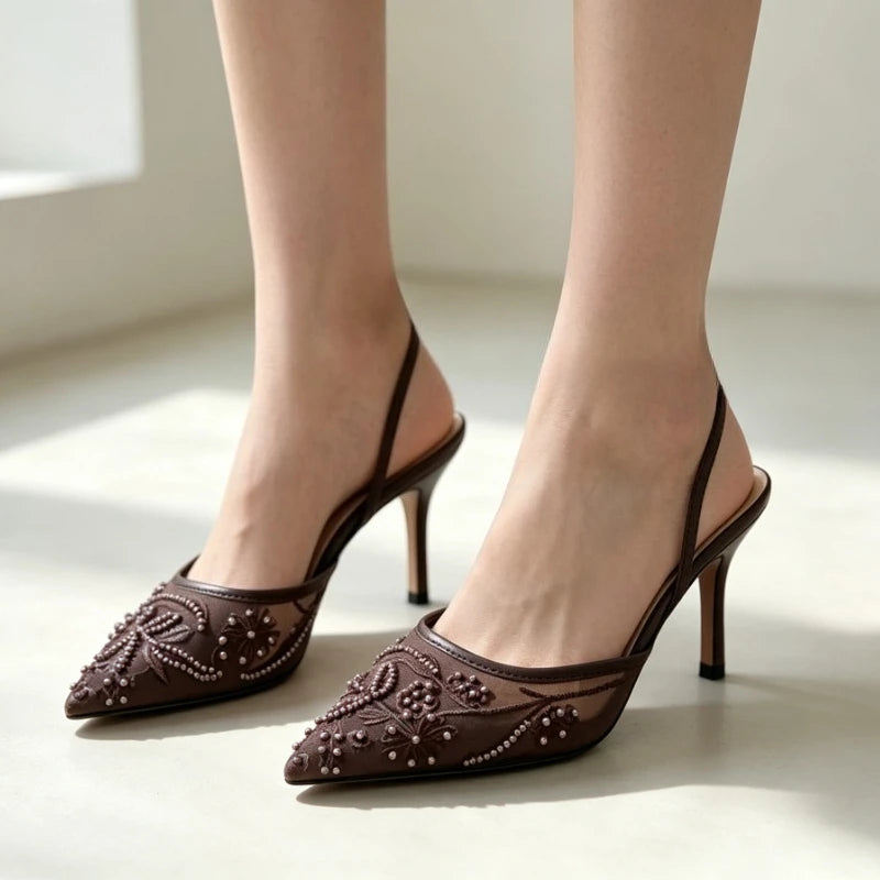 Brown String Bead Mesh Embroider Slingback High Heels Women Sexy Pointed Toe Heeled Sandals Summer Elegant Luxury Designer Shoes