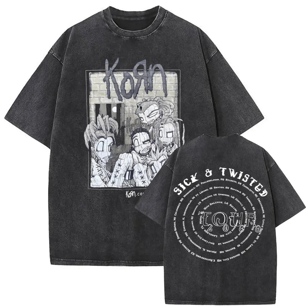 New Washed Vintage Alternative Nu Metal Rock Band Korn Print Tshirt Men Oversized T-shirts Male Fashion T Shirts Y2k Streetwear