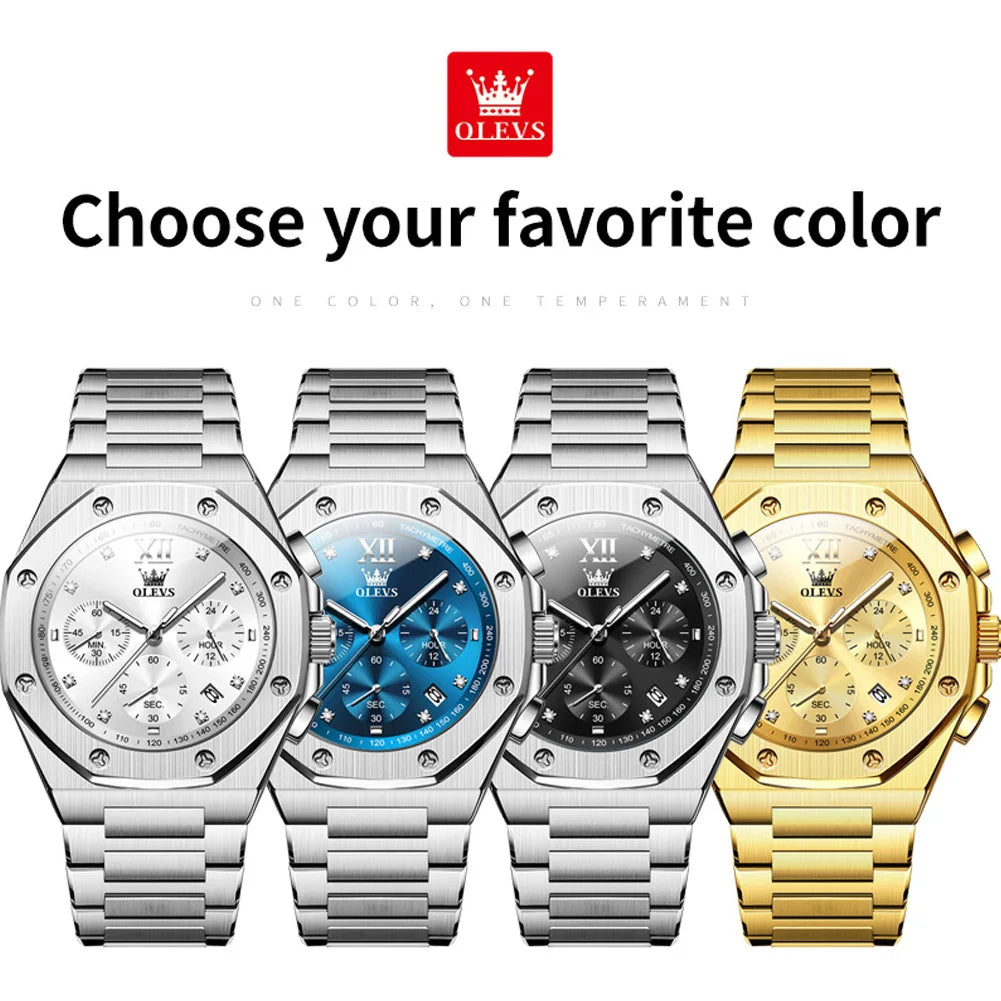 OLEVS 3626 Watches For Men Original Wristwatch Stainless Steel Multifunctional Chronograph Waterproof Luminous Quartz Reloj