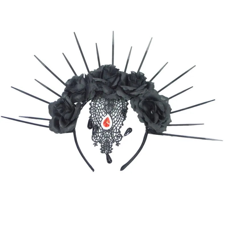 Gothic halo crown, flower headband, black veil. Sunburst Spike crown accessory for ladies Halloween costume hair accessory