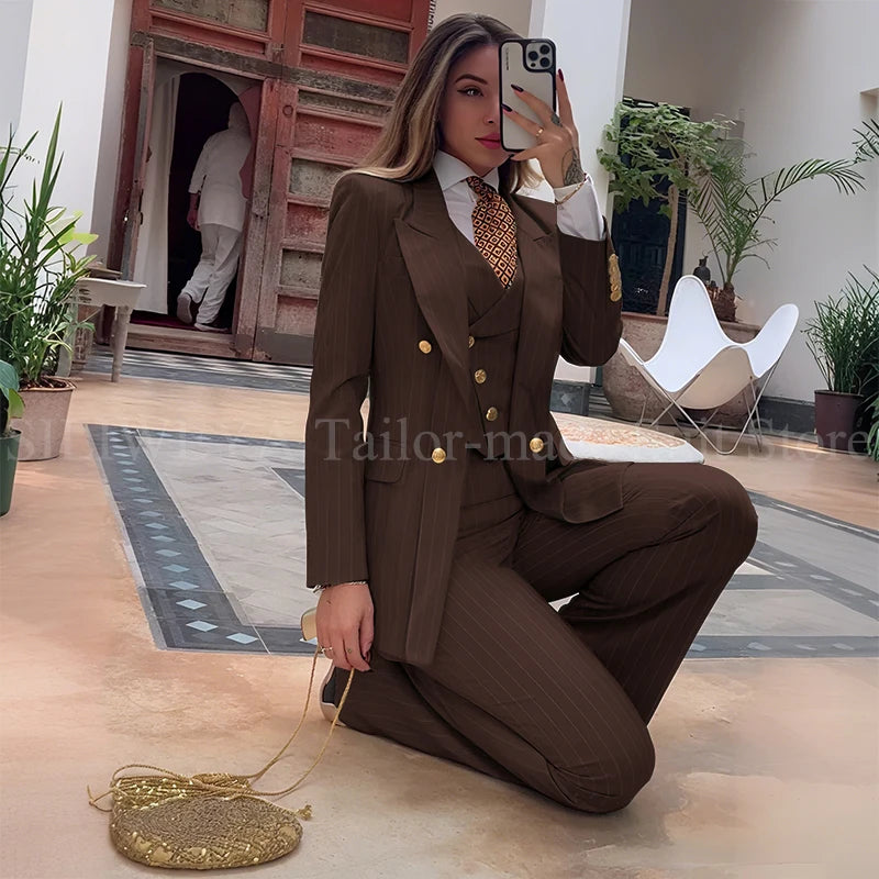 Luxury Green Striped Women Suit Double Breasted 3 Piece Jacket Vest Pants Female Clothing Slim Fit Formal Office Lady Blazer Set