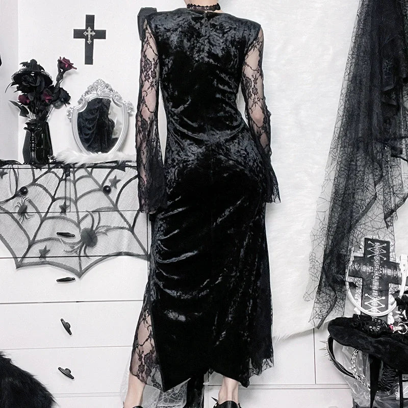 Goth Dark Elegant Mall Gothic Women Evening Dresses Grunge Aesthetic E-girl Velvet Midi Dress Lace Splice Sexy Split Alt Outfits