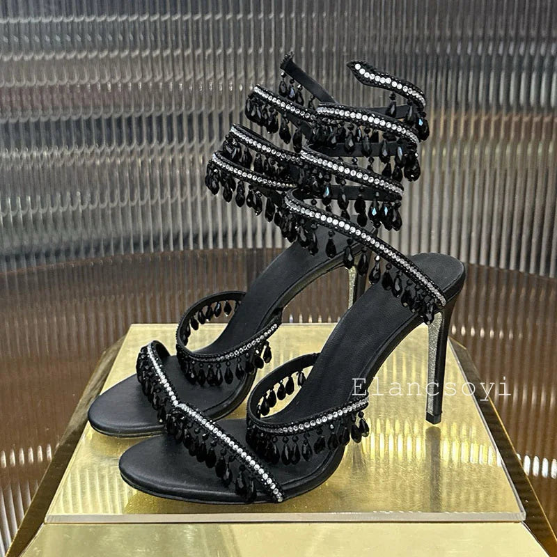 High Heels Sandals Women Shiny Crystal Pendant Ankle Snake Twine Around Prom Shoes Summer Fashion Stiletto Bohemian Sandalias