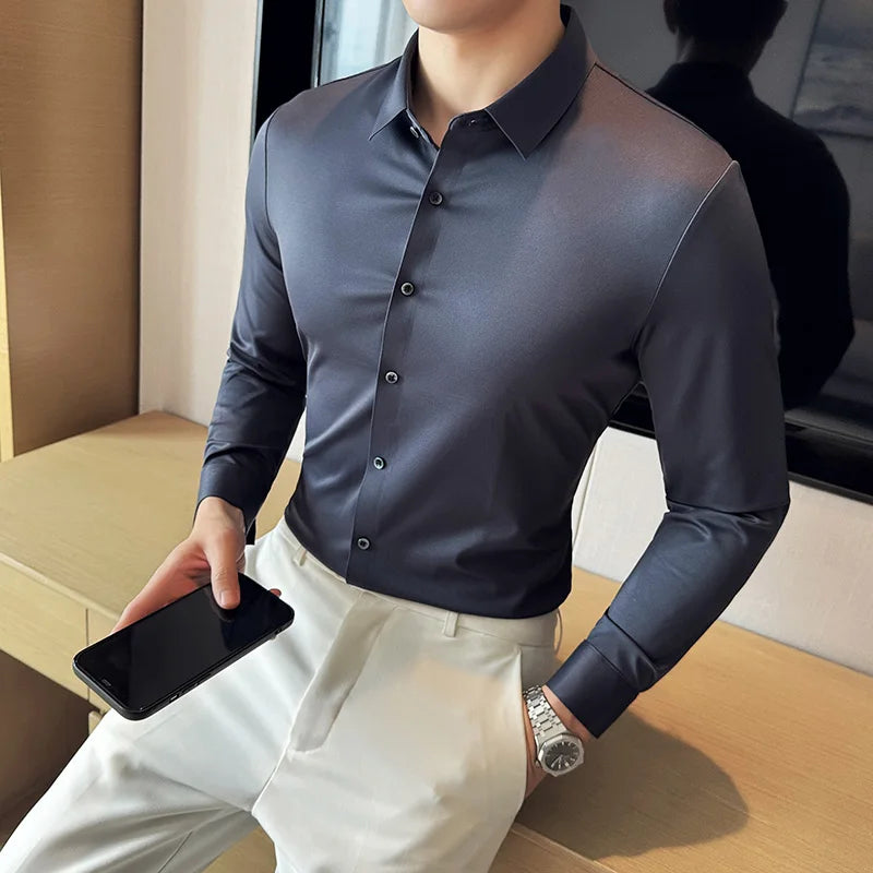 5A Antibacterial Men's Social Shirts High Quality Korean Luxury Clothing Long Sleeve Mens Dress Shirts Slim Fit Tuxedo Big Size