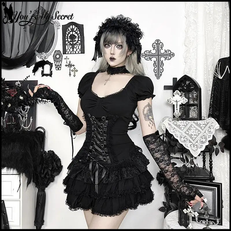 Gothic Puff Short Sleeve Corset Top Women Square Neck Lace Trim Bandage Waist Cincher Shirt Dark Punk Vintage Lolita Blouse