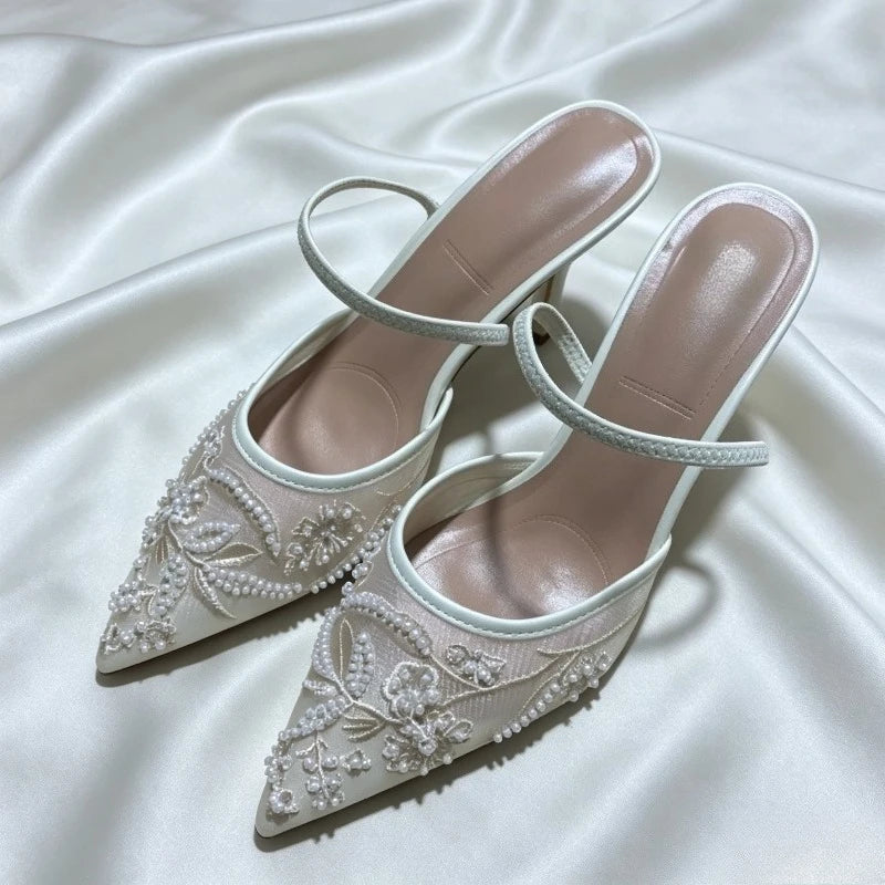 Brown String Bead Mesh Embroider Slingback High Heels Women Sexy Pointed Toe Heeled Sandals Summer Elegant Luxury Designer Shoes