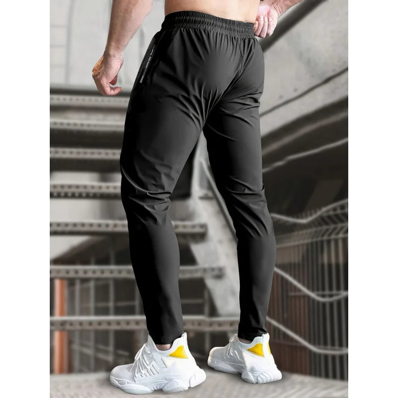 Men's Ice Silk High Elastic Breathable Trousers With Drawstring Zipper Pockets Casual Sports Trousers Gym Sportswear Gift Man