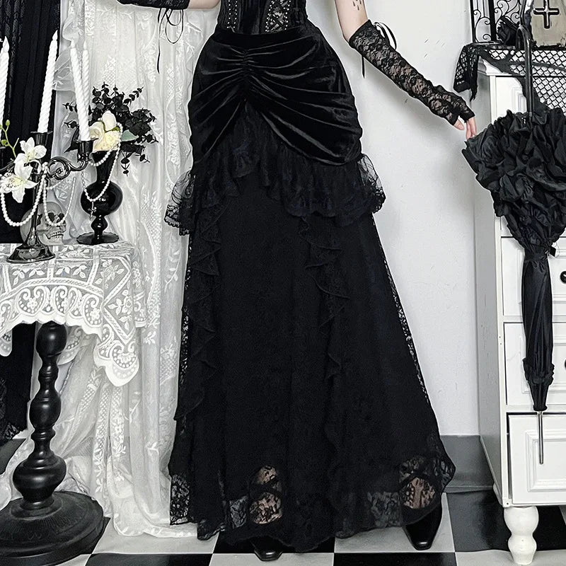 Goth Dark Lace Trim Velvet Maxi Skirts Bottoms Mall Goth Party Halloween Gown Ball Skirts Women Cosplay Lolita Dresses Outfits