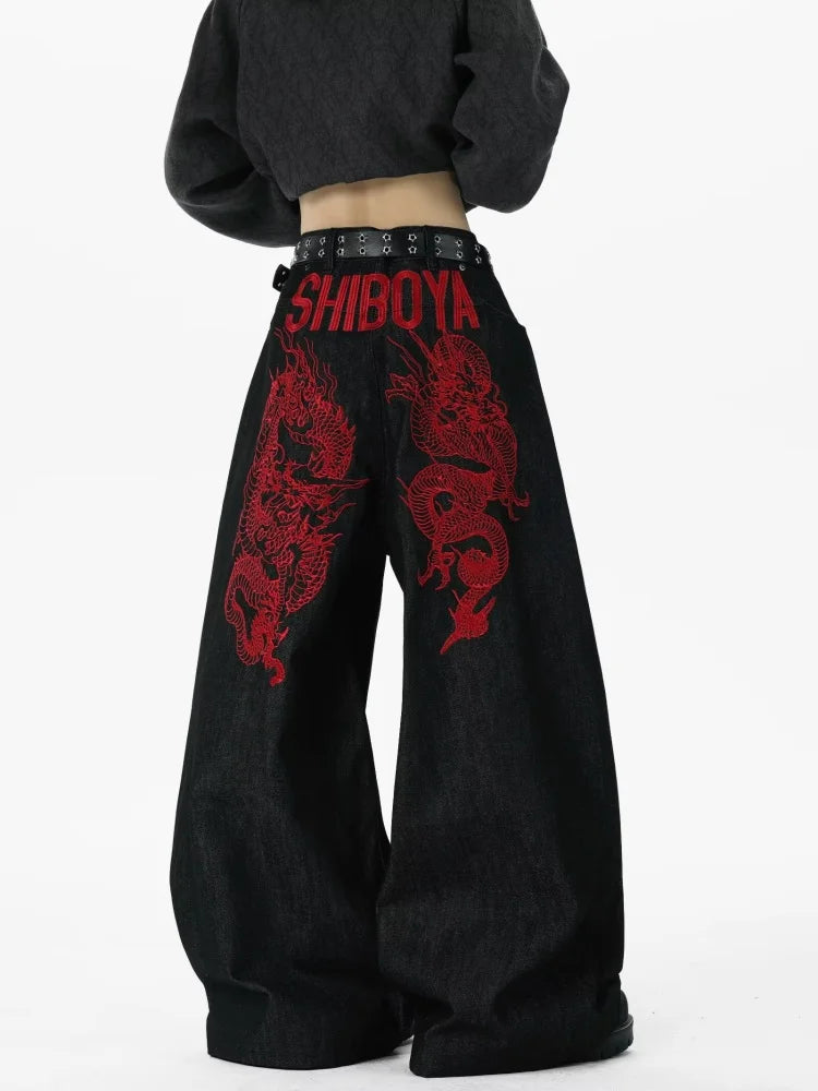 2026 American Retro Y2K Style Red Dragon Embroidery Baggy Jeans Pants For Men Clothing Straight Denim Trousers Pantalon Hombre