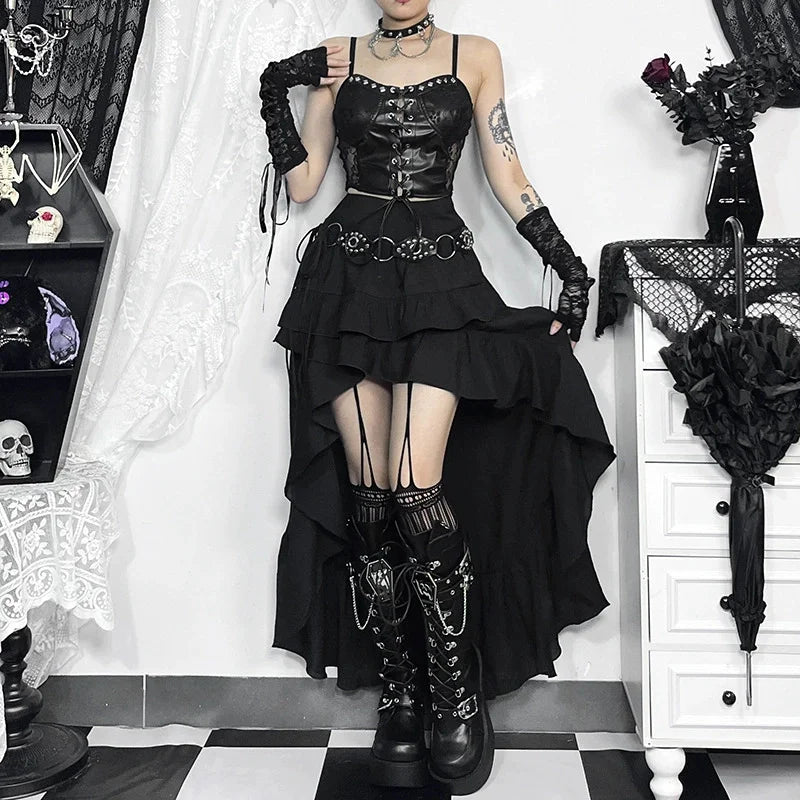 Goth Dark Kawaii Black Tiered Skirts 90S Retro Irregular Hem Party Bottoms Mall Gothic Women Fashion Dragging Skirt Alt Clothing