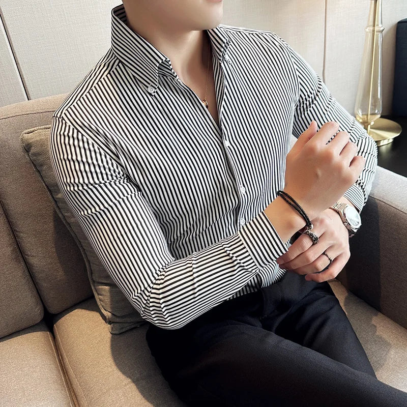 Camisas De Hombre High Quality Men's Social Shirts Slim Fit Korean Luxury Clothing Simple Long Sleeve Striped Shirts For Men
