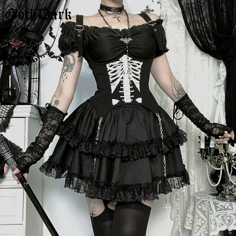 Goth Dark E-girl Kawaii Lace Stitch Pleated Dresses Party Mall Gothic Streetwear Cyber Y2K Plaid Corn Straps Backless Mini Dress