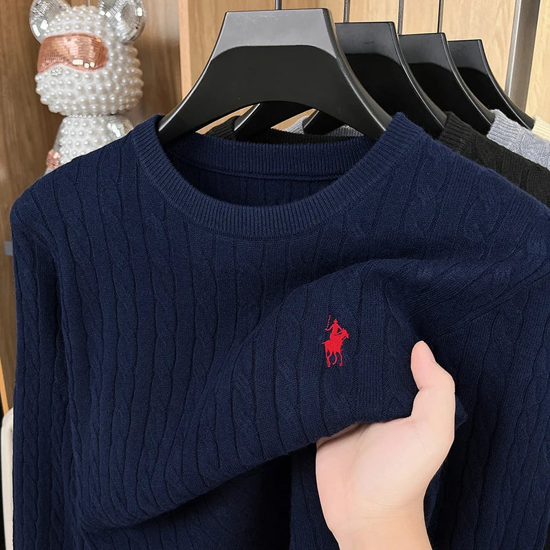 High Quality Men New Long-Sleeved Knitwear Round Neck Jacquard Solid Color Pony Embroidery Classic Fashion Hot-Selling Men'swear