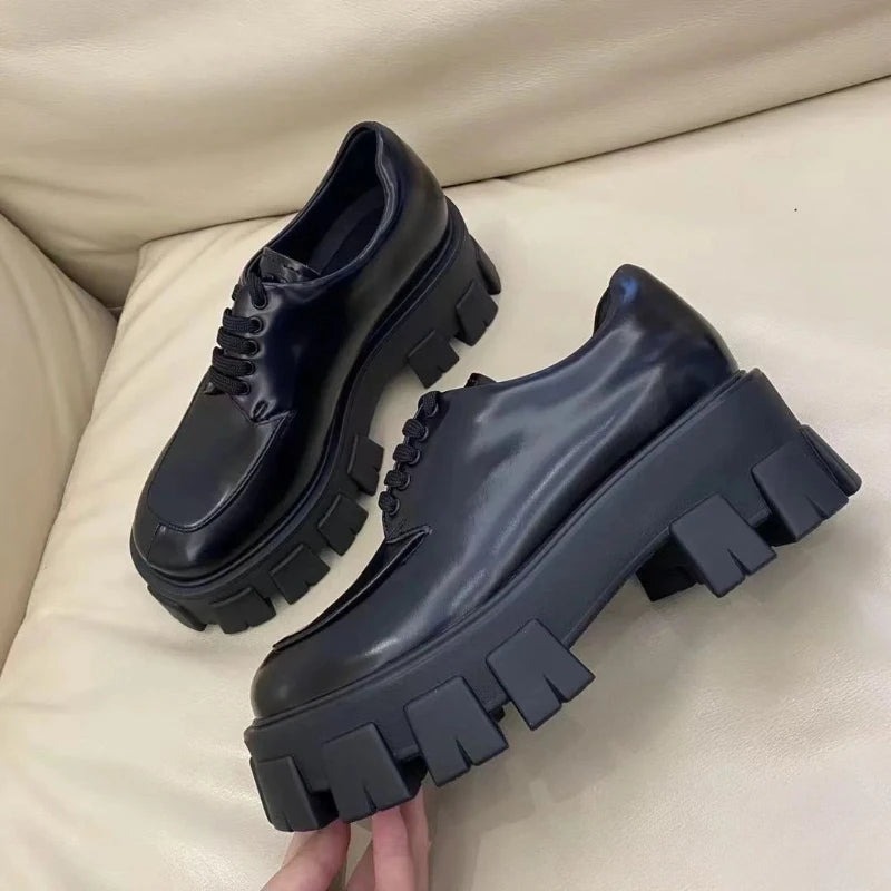 leather Loafers women's shoes spring and  autumn   platform shoes lace-up single shoes Plus size 35-43 size ladies casual flat
