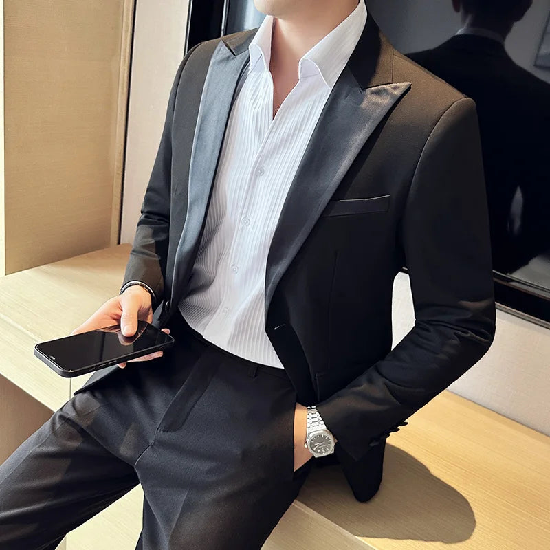 ( Blazer + Pants ) High-end Brand Formal Business Plaid Mens Suit Groom Wedding Dress Solid Color Stage Performance Tuxedo S-7XL