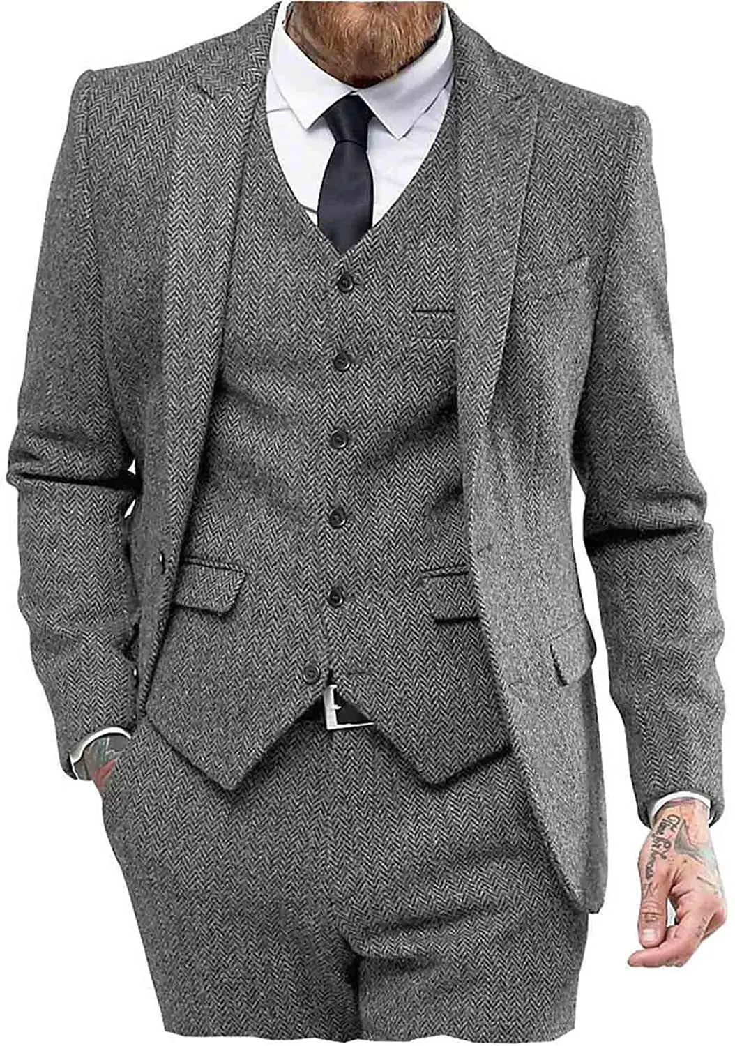 Retro Herringbone Suit for Men Stylish Vintage Tuxedo Set 3 Pieces Blazer Vest and Pant Set for Wedding Business Evening Party