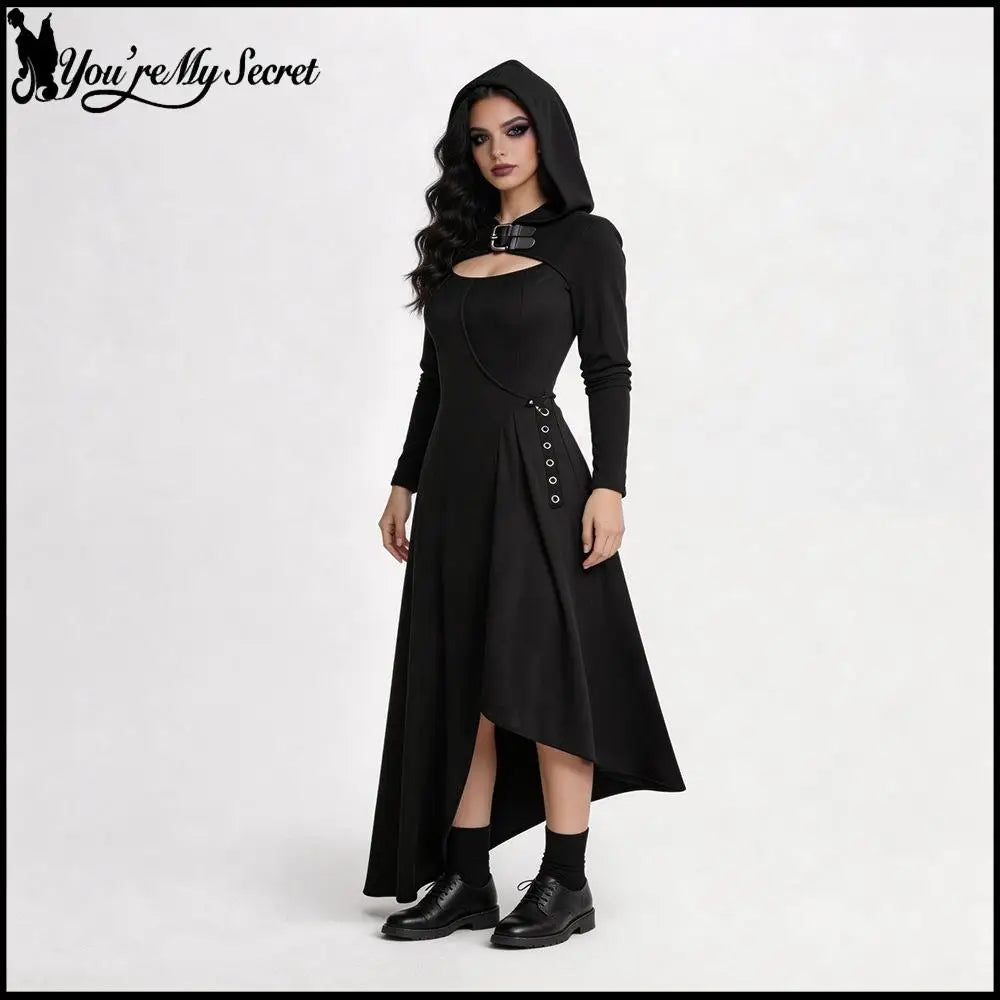 Gothic Hoode Long Dress Women Witch Corset Asymmetrical Hem Dress Punk Style Leather collar Gown Halloween Qeen Stage Costumes