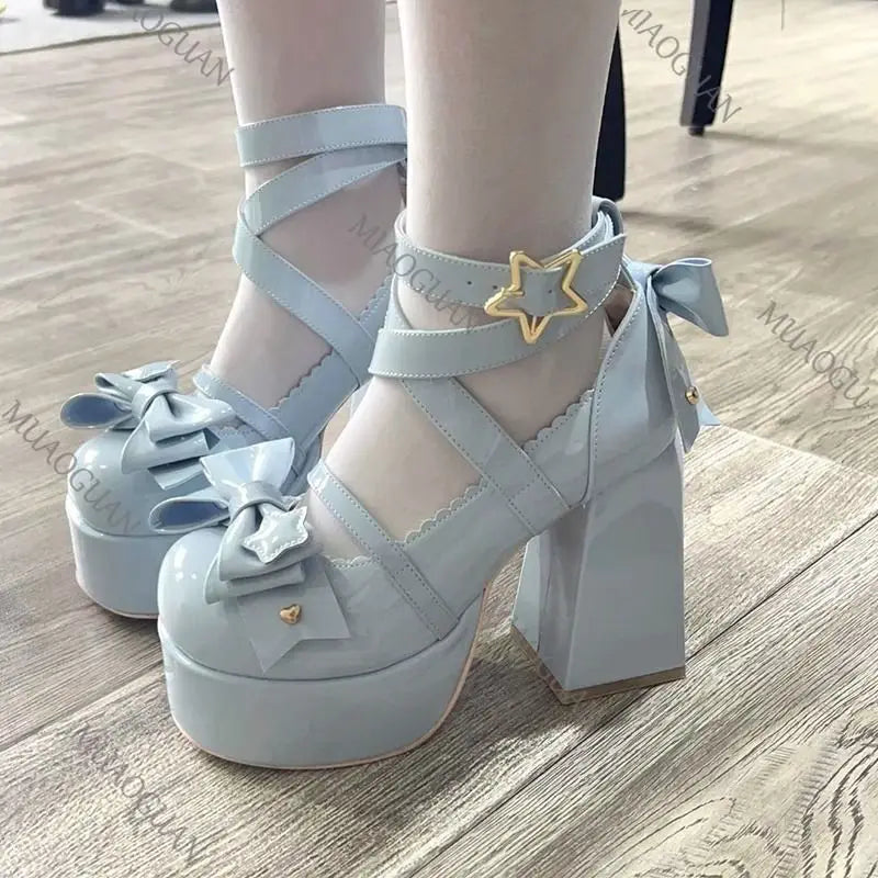 Lovely Girls Mary Jane Shoes Women High Heels Pumps Chunky Bowknots Sandals Summer PU Leather Retro Party Platform Footwears