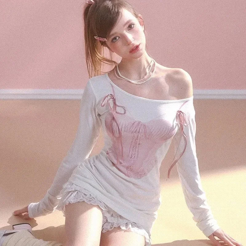 Y2k Fairycore T Shirt Women Long Sleeve Off Shoulder Print Graphic Tops Streetwear 2000s Japanese Tee Tops Korean