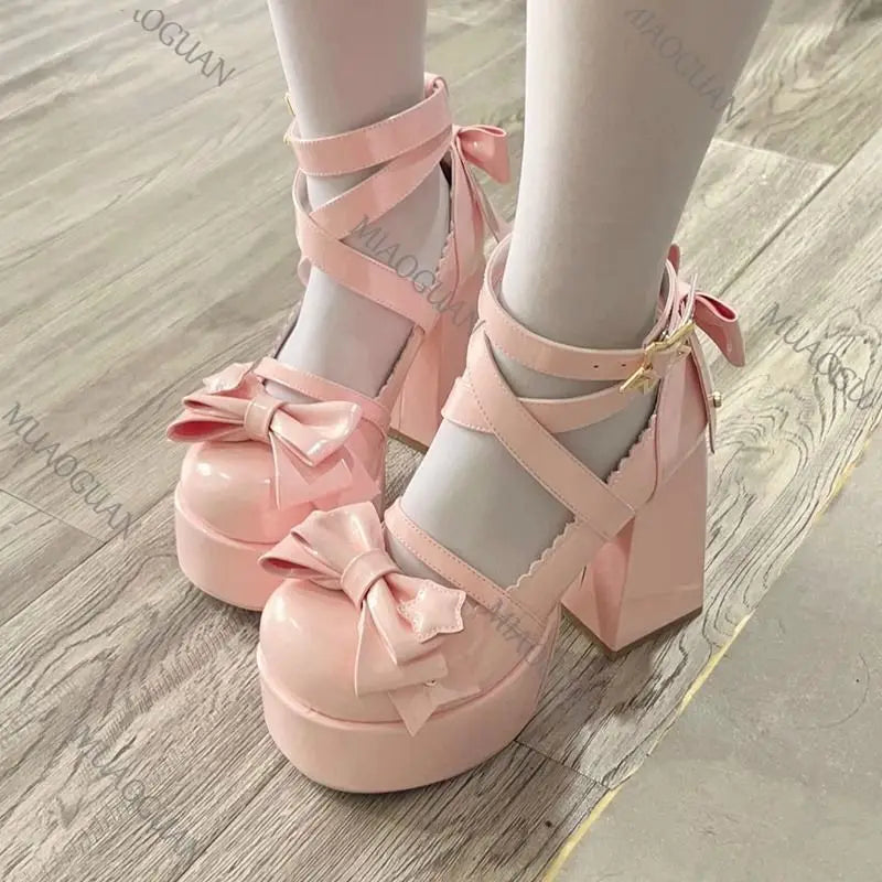 Lovely Girls Mary Jane Shoes Women High Heels Pumps Chunky Bowknots Sandals Summer PU Leather Retro Party Platform Footwears