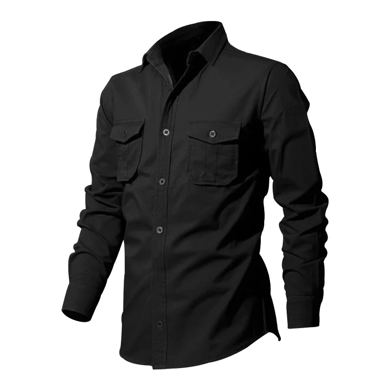 Spring And Autumn New Men's Shirt Loose Large Size Multi-pocket Vintage Cargo Shirt Solid Color Lapel Long-sleeved Shirt