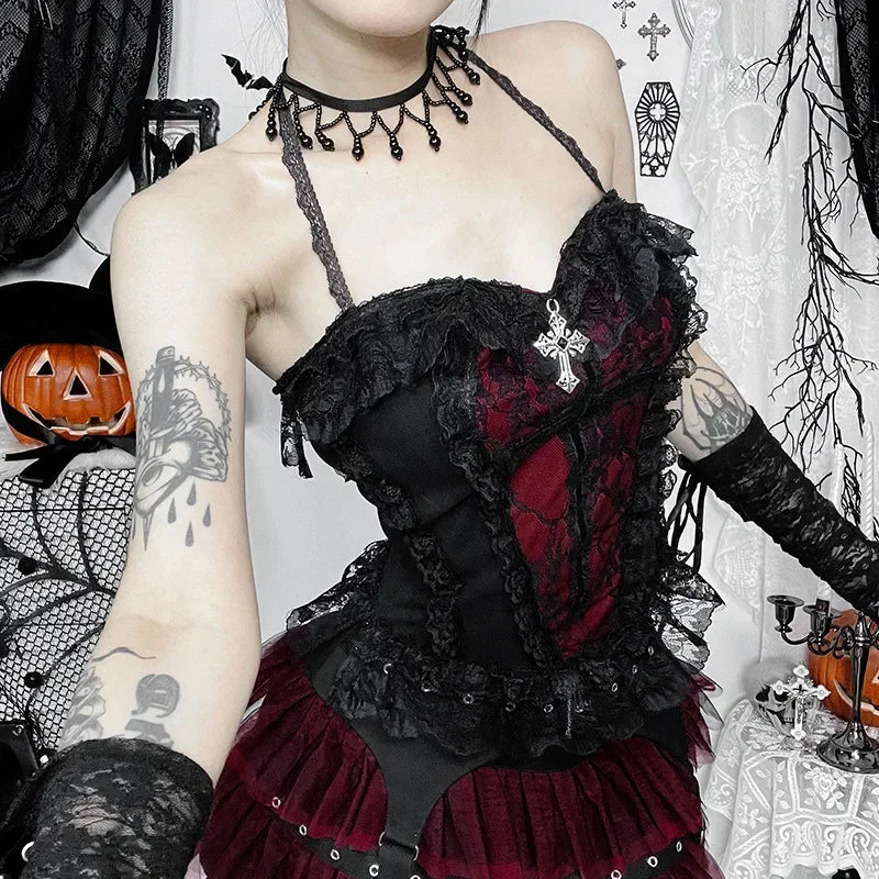 2025 Gothic Women Crop Top Skeleton Printed Black Corset Tops Sexy Aesthetic Grunge Fairy Core 90s Camisole Y2K Clothes