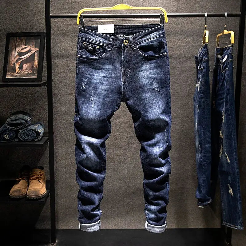American Elastic Straight Jeans Men Ripped Worn-out Slim-fit Cotton Denim Pants Korean Style Fashion Trousers Men's Clothing