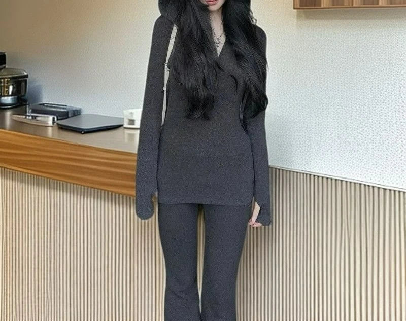 Black Premium Suit Hooded Casual Knitted Sweater Fashion High Waist Temperament Slim Top Flared Pants Two-piece Set