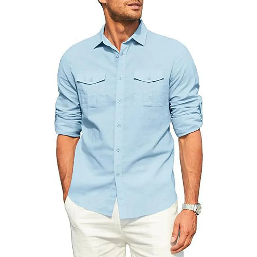 Men's Shirt Double Pocket Cotton Linen Long Sleeve Shirt Casual Holiday Shirt Simple Lapel Solid Cargo Shirts Tops Blouses