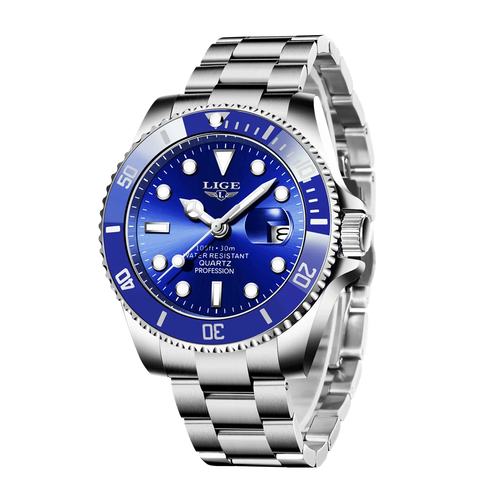 LIGE Top Original Men Quartz Watches Blue Waterproof Watch for Men Stainless Steel Quartz Men Luxury Watch Luminous Wristwatch