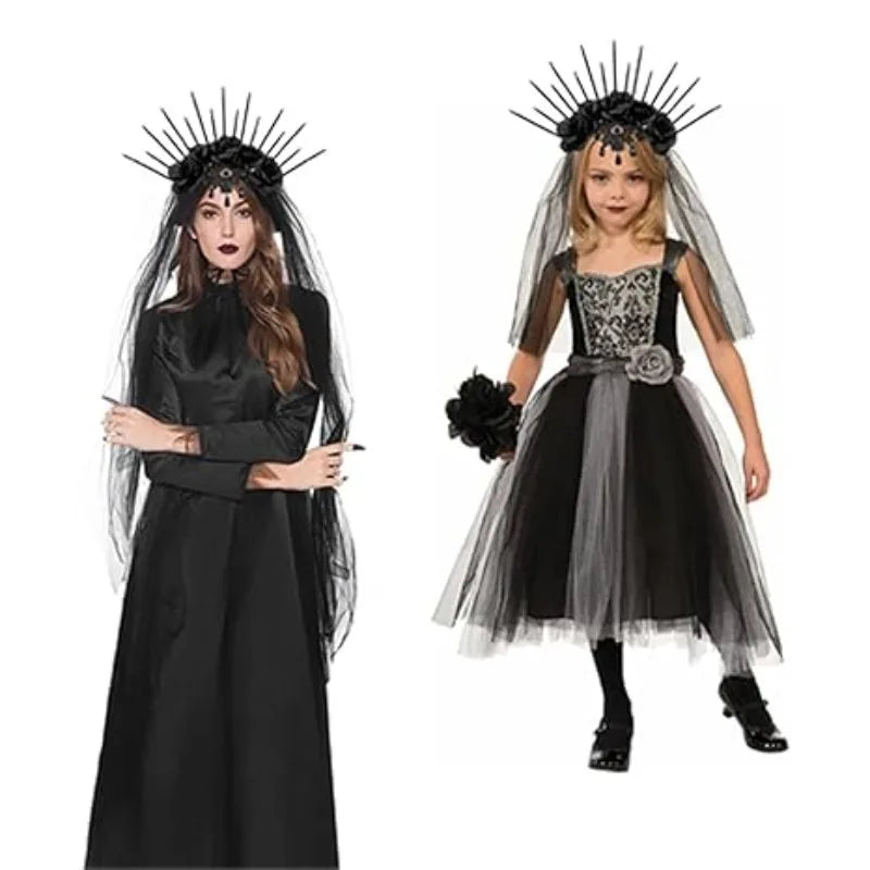 Gothic halo crown, flower headband, black veil. Sunburst Spike crown accessory for ladies Halloween costume hair accessory