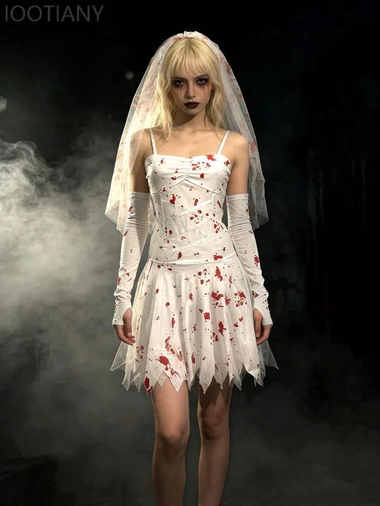 Gothic Blood Bride Halloween Fancy Dress Spaghetti Strap Lace Up Corset Mini Dresses Outfit Stained Sheer Veil Party Costume Set