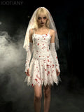 Gothic Blood Bride Halloween Fancy Dress Spaghetti Strap Lace Up Corset Mini Dresses Outfit Stained Sheer Veil Party Costume Set