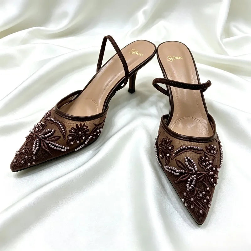 Brown String Bead Mesh Embroider Slingback High Heels Women Sexy Pointed Toe Heeled Sandals Summer Elegant Luxury Designer Shoes