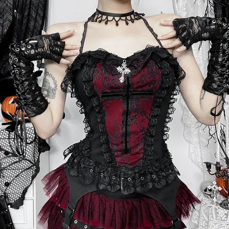 2025 Gothic Women Crop Top Skeleton Printed Black Corset Tops Sexy Aesthetic Grunge Fairy Core 90s Camisole Y2K Clothes