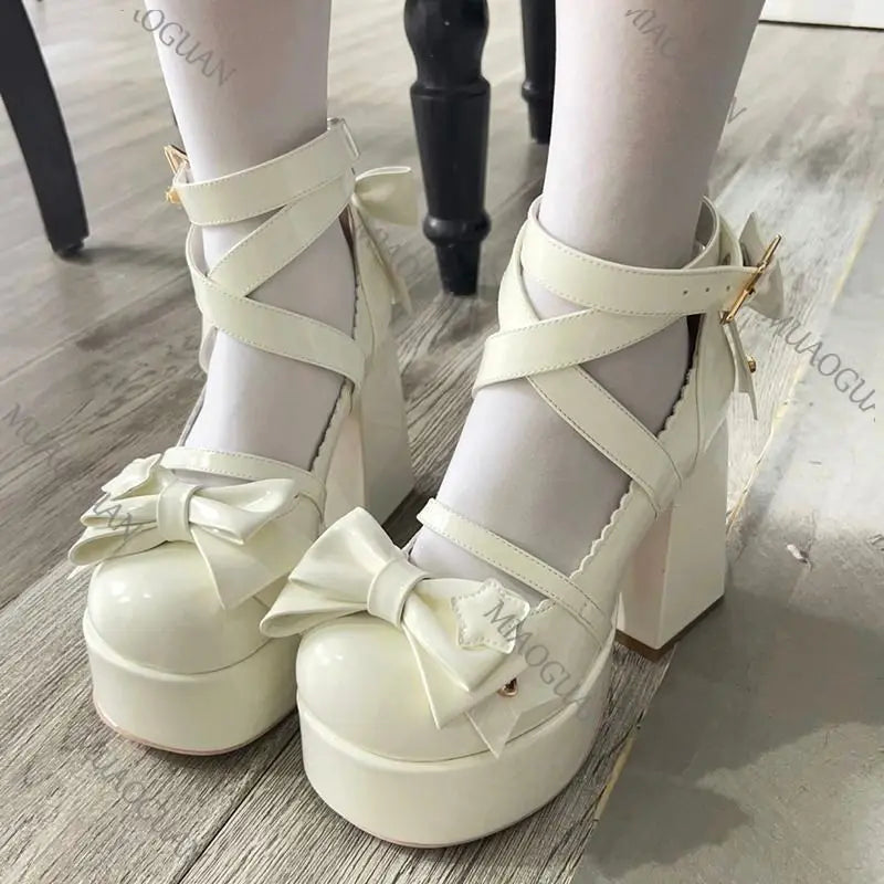 Lovely Girls Mary Jane Shoes Women High Heels Pumps Chunky Bowknots Sandals Summer PU Leather Retro Party Platform Footwears