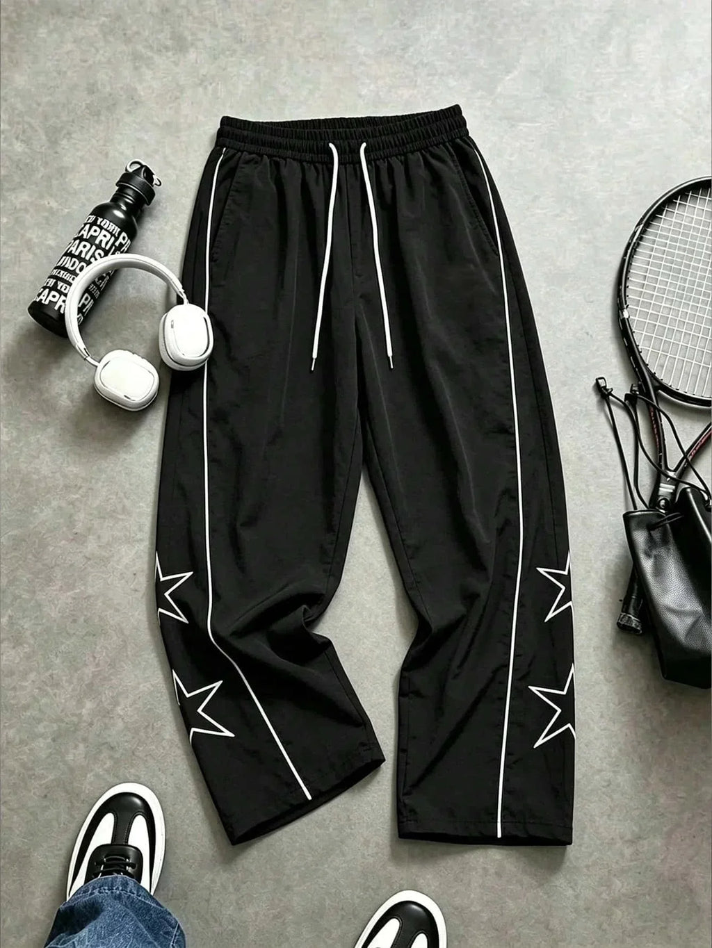Y2K Star Printed Wide Leg Pants with European and American Hip-hop Street Style, Loose Hanging Casual Quick Drying Sports Pants