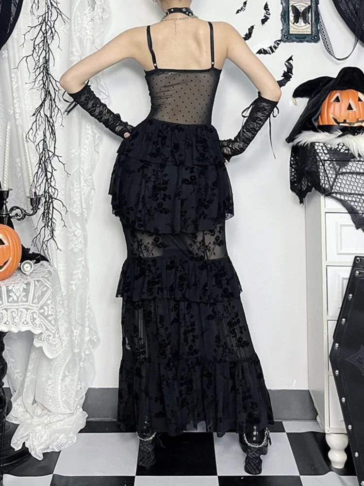 AltGoth Fairycore Grunge Gothic Midi Dress Women Streetwear  Sexy Aesthetic Spaghetti Strap Flocking See Through Corset Dresses