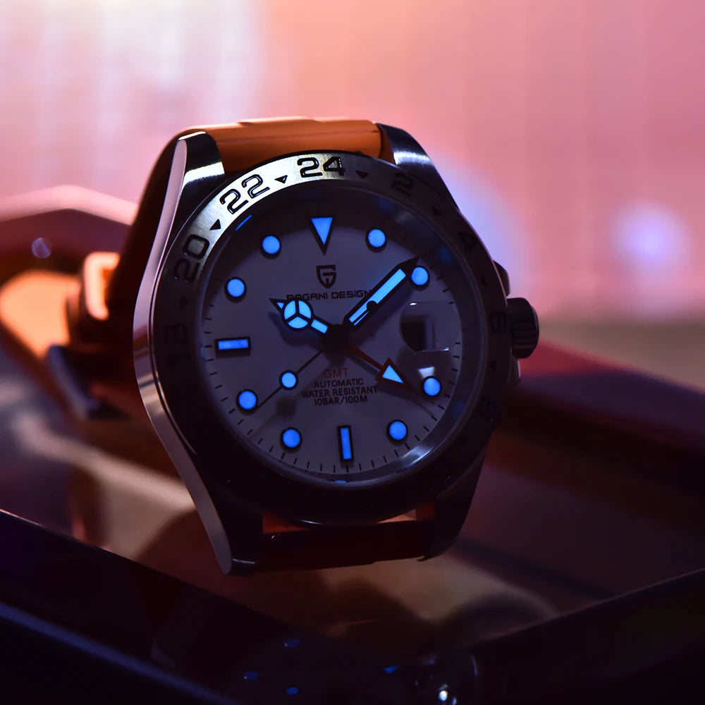 PAGANI DESIGN Automatic GMT Watch DG5833GMT Movement Rubber Strap 100M Waterproof Luminous Men Sports Mechanical Wristwatch