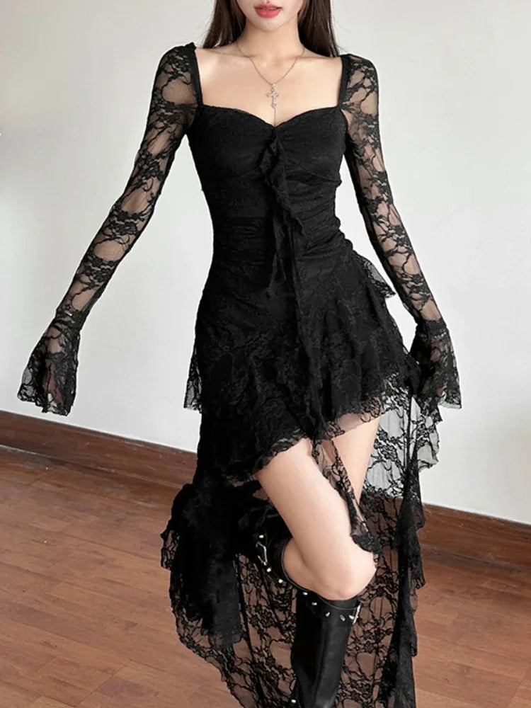 AltGoth Mall Goth Fairycore Dress Women Vintage Aesthetic Elegant Sweet Sexy See Through Irregular Hem High Waist Corset Dress