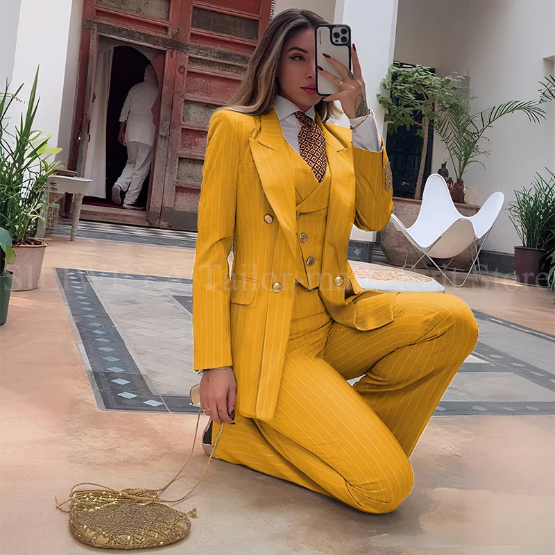 Luxury Green Striped Women Suit Double Breasted 3 Piece Jacket Vest Pants Female Clothing Slim Fit Formal Office Lady Blazer Set
