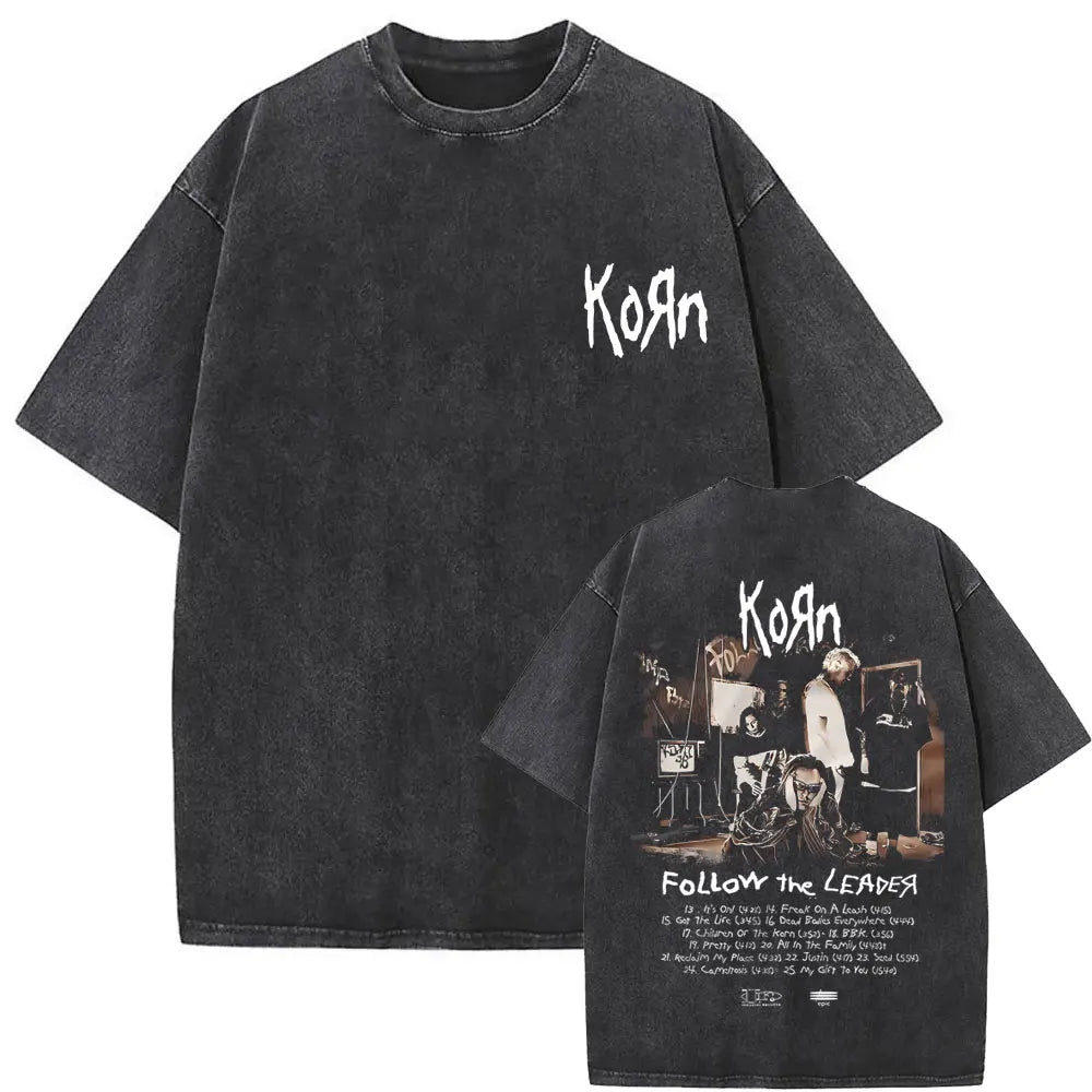 New Washed Vintage Alternative Nu Metal Rock Band Korn Print Tshirt Men Oversized T-shirts Male Fashion T Shirts Y2k Streetwear